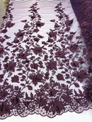 Plum 3D Floral Design Embroider and Beaded With Pearls On a Mesh Lace-Prom-Dresses-Nightgown-Apparel-Fashion By The Yard
