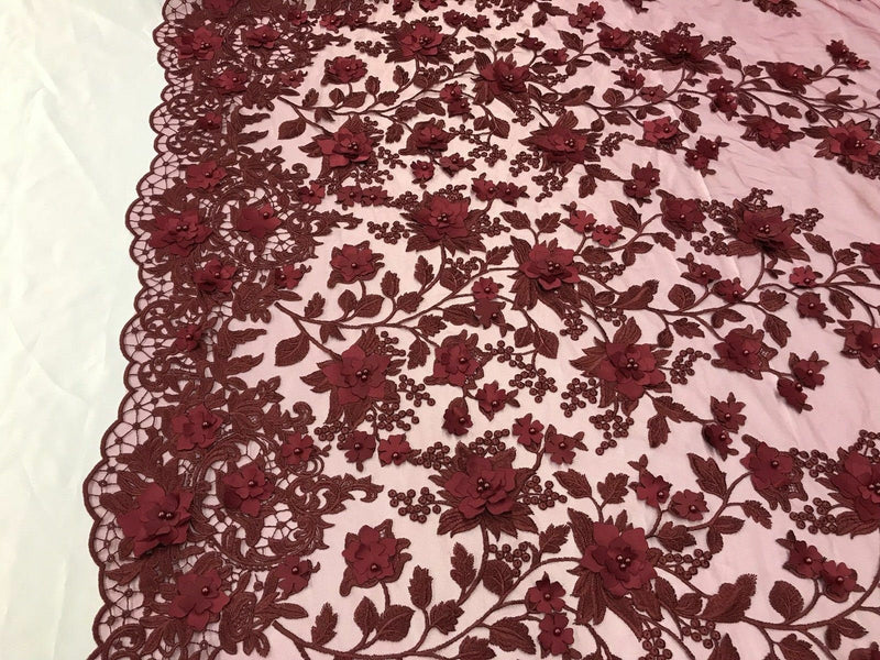 Burgundy 3D Floral Design Embroider and Beaded With Pearls On a Mesh Lace-Prom-Dresses-Nightgown-Apparel-Fashion By The Yard