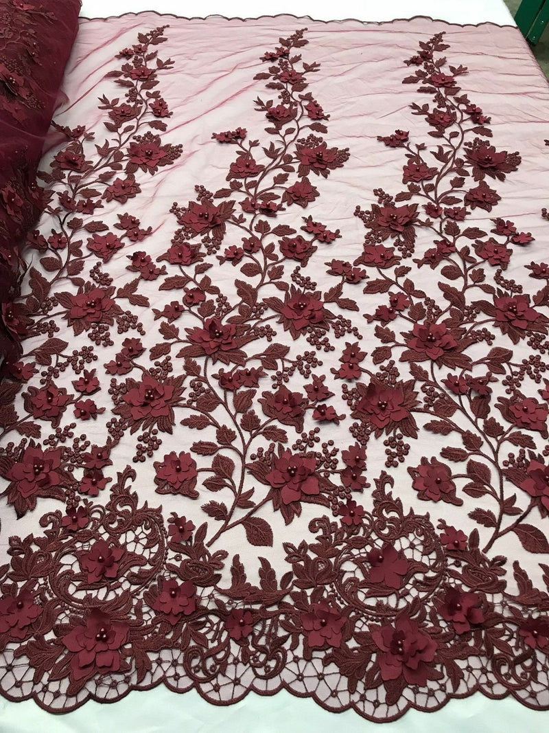 Burgundy 3D Floral Design Embroider and Beaded With Pearls On a Mesh Lace-Prom-Dresses-Nightgown-Apparel-Fashion By The Yard