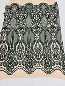 Sequins Hunter Green Lace Fabric, DAMASK Design Embroidered on Nude Mesh 4 way Stretch Sequin By The Yard -Prom-Gown ( Choose The Size )