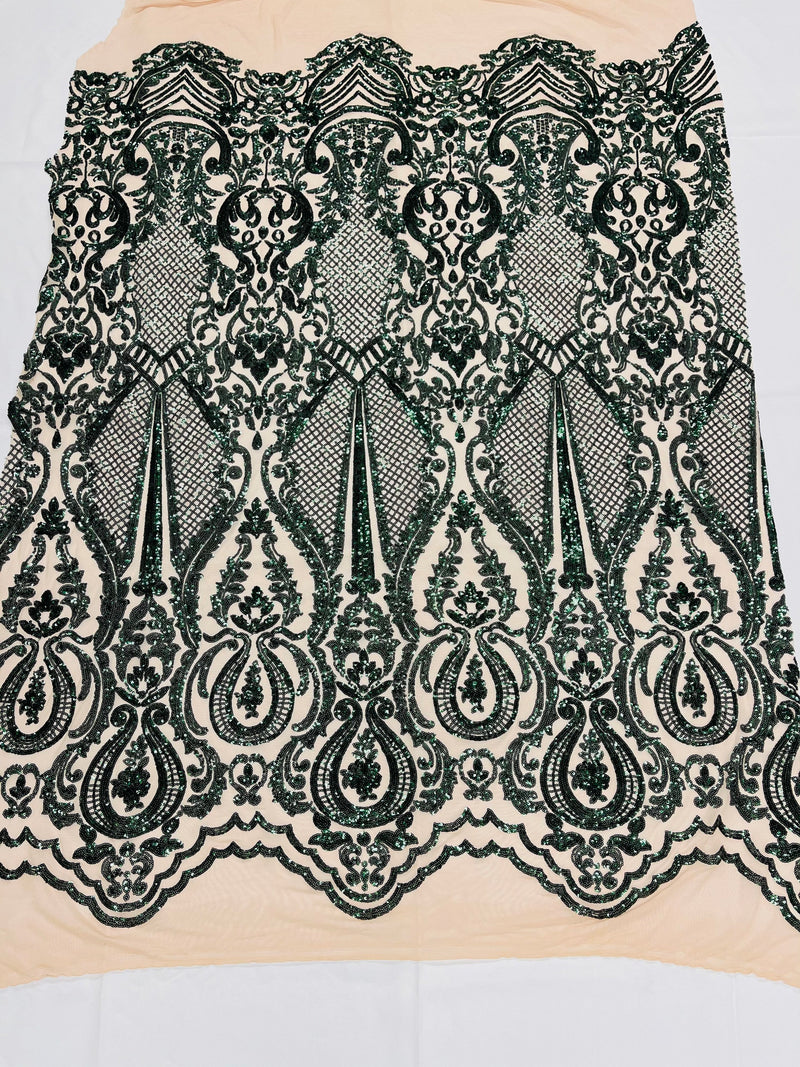 Sequins Hunter Green Lace Fabric, DAMASK Design Embroidered on Nude Mesh 4 way Stretch Sequin By The Yard -Prom-Gown ( Choose The Size )