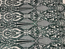 Sequins Hunter Green Lace Fabric, DAMASK Design Embroidered on Nude Mesh 4 way Stretch Sequin By The Yard -Prom-Gown ( Choose The Size )