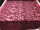 Sequins Burgundy Lace Fabric, DAMASK Design Embroidered on a Mesh 4 way Stretch Sequin By The Yard -Prom-Gown ( Choose The Size )
