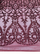 Sequins Burgundy Lace Fabric, DAMASK Design Embroidered on a Mesh 4 way Stretch Sequin By The Yard -Prom-Gown ( Choose The Size )