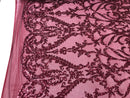 Sequins Burgundy Lace Fabric, DAMASK Design Embroidered on a Mesh 4 way Stretch Sequin By The Yard -Prom-Gown ( Choose The Size )