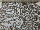 Sequins Gold Lace Fabric, DAMASK Design Embroidered on a Mesh 4 way Stretch Sequin By The Yard -Prom-Gown ( Choose The Size )