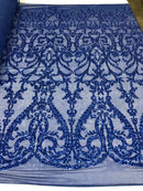 Sequins Royal Blue Lace Fabric, DAMASK Design Embroidered on a Mesh 4 way Stretch Sequin By The Yard -Prom-Gown ( Choose The Size )