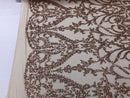 Rose Gold Sequins Lace Fabric, DAMASK Design Embroidered on a Mesh 4 way Stretch Sequin By The Yard -Prom-Gown ( Choose The Size )