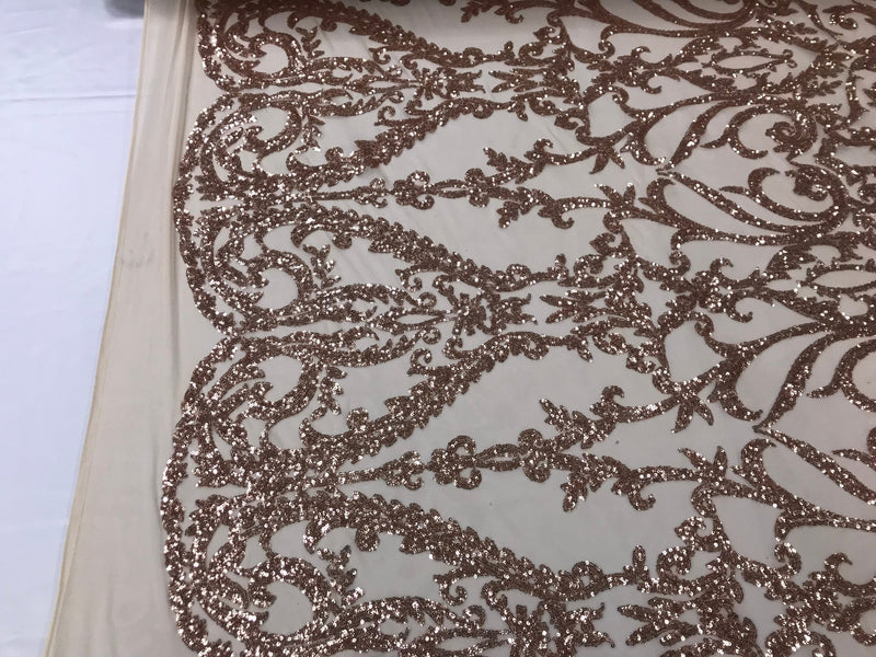 Rose Gold Sequins Lace Fabric, DAMASK Design Embroidered on a Mesh 4 way Stretch Sequin By The Yard -Prom-Gown ( Choose The Size )