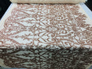 Rose Gold Sequins Lace Fabric, DAMASK Design Embroidered on a Mesh 4 way Stretch Sequin By The Yard -Prom-Gown ( Choose The Size )
