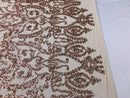 Rose Gold Sequins Lace Fabric, DAMASK Design Embroidered on a Mesh 4 way Stretch Sequin By The Yard -Prom-Gown ( Choose The Size )