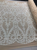 White Sequins Lace Fabric, DAMASK Design Embroidered on Nude Mesh 4 way Stretch Sequin By The Yard -Prom-Gown ( Choose The Size )