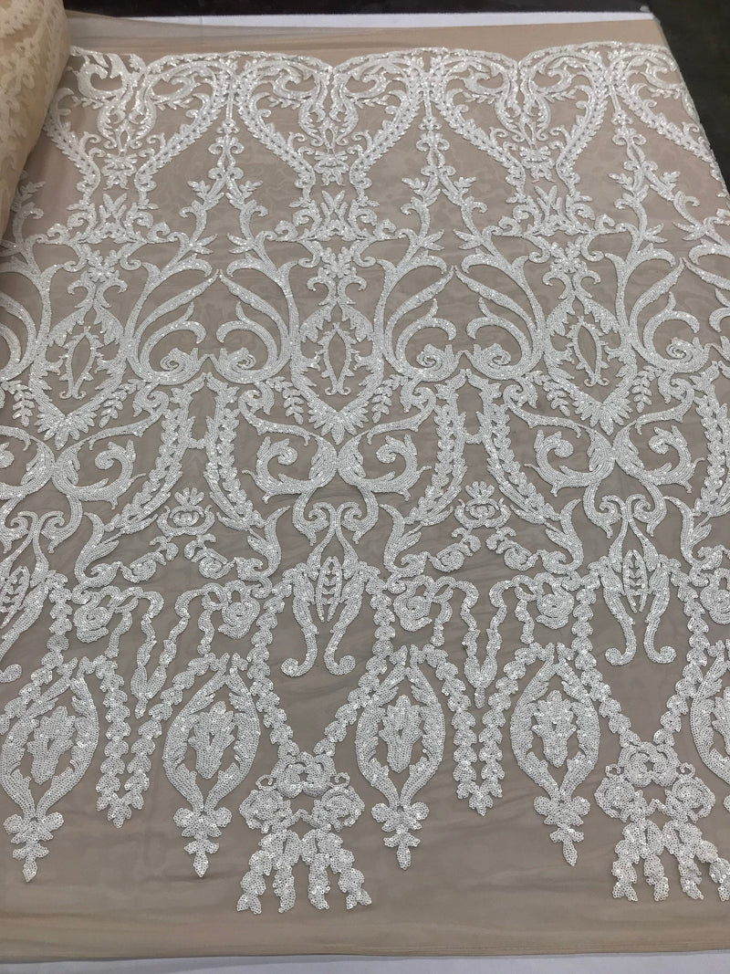 White Sequins Lace Fabric, DAMASK Design Embroidered on Nude Mesh 4 way Stretch Sequin By The Yard -Prom-Gown ( Choose The Size )