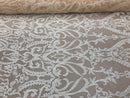 White Sequins Lace Fabric, DAMASK Design Embroidered on Nude Mesh 4 way Stretch Sequin By The Yard -Prom-Gown ( Choose The Size )
