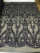 Navy Sequins Lace Fabric, DAMASK Design Embroidered on a Mesh 4 way Stretch Sequin By The Yard -Prom-Gown ( Choose The Size )