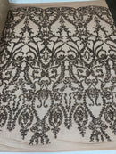 Dusty Rose Sequins Lace Fabric, DAMASK Design Embroidered on a Mesh 4 way Stretch Sequin By The Yard -Prom-Gown ( Choose The Size )