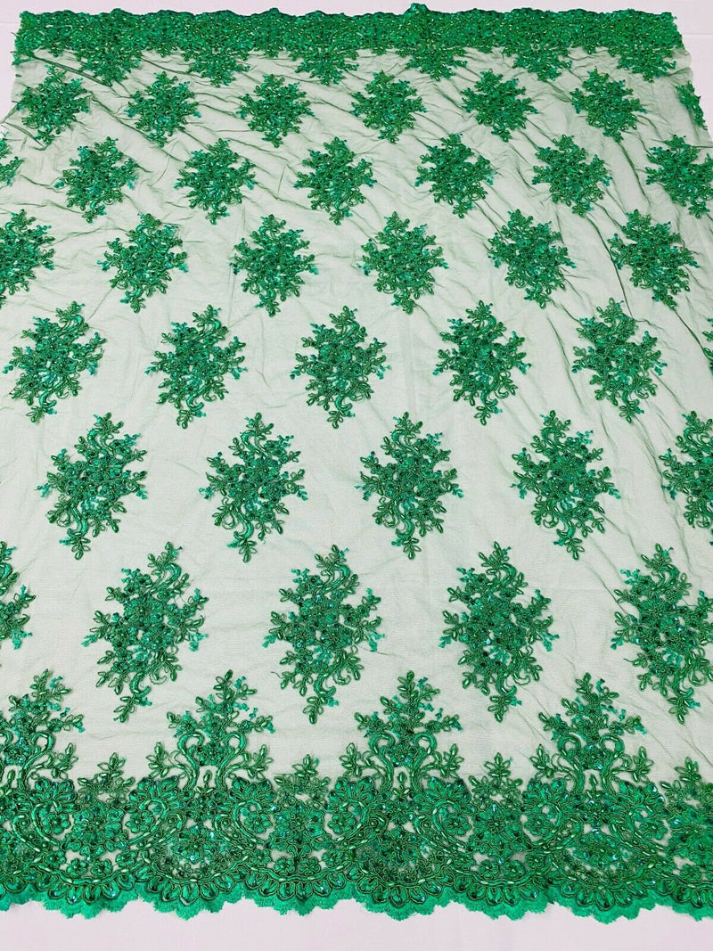 Floral Cluster Bead Fabric Emerald Green - Embroidered Flower Beaded Fabric Wedding Bridal Sold By Yard