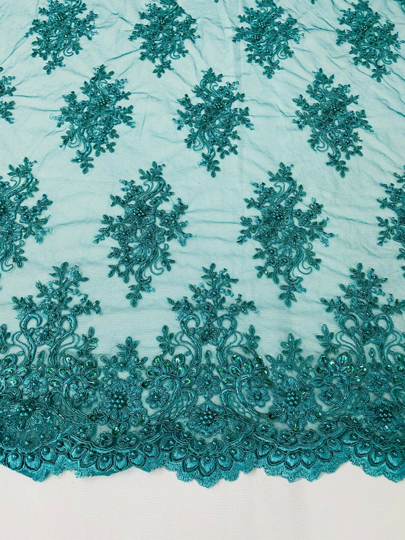 Teal Blue Floral Cluster Bead Fabric - Embroidered Flower Beaded Fabric Wedding Bridal Sold By Yard