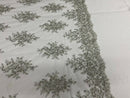 Silver /White Mesh Floral Cluster Bead Fabric - Embroidered Flower Beaded Fabric Wedding Bridal Sold By Yard