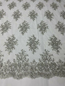 Silver /White Mesh Floral Cluster Bead Fabric - Embroidered Flower Beaded Fabric Wedding Bridal Sold By Yard
