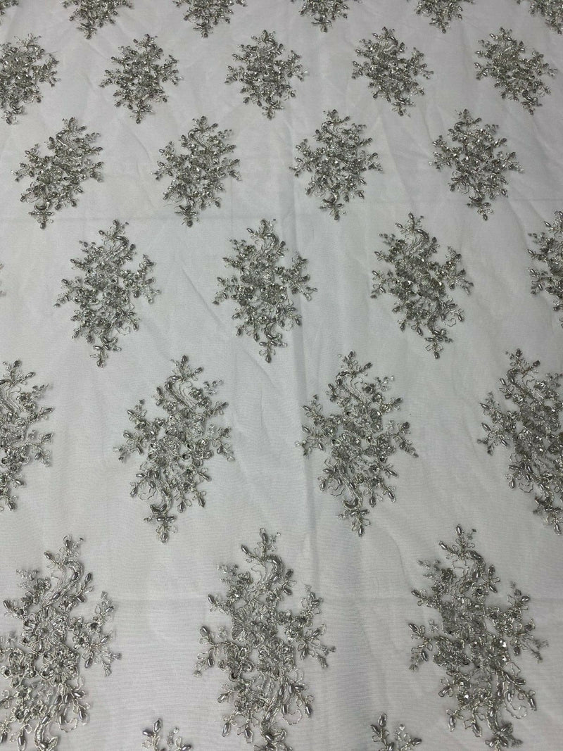 Silver /White Mesh Floral Cluster Bead Fabric - Embroidered Flower Beaded Fabric Wedding Bridal Sold By Yard