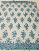Baby Blue Floral Cluster Bead Fabric - Embroidered Flower Beaded Fabric Wedding Bridal Sold By Yard