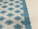 Baby Blue Floral Cluster Bead Fabric - Embroidered Flower Beaded Fabric Wedding Bridal Sold By Yard
