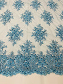 Baby Blue Floral Cluster Bead Fabric - Embroidered Flower Beaded Fabric Wedding Bridal Sold By Yard