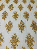 Gold Mestallic Floral Cluster Bead Fabric - Embroidered Flower Beaded Fabric Wedding Bridal Sold By Yard