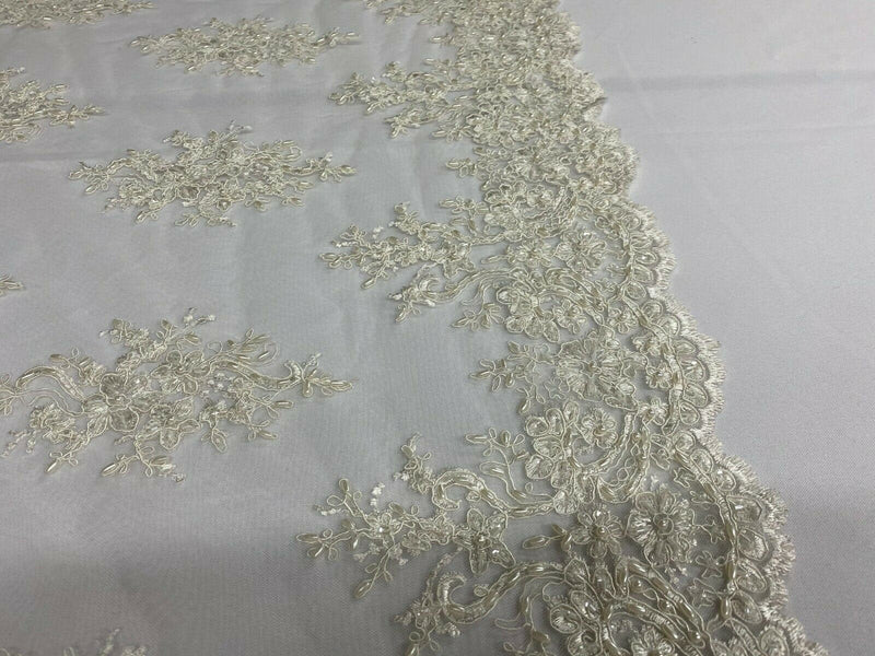 Ivory Floral Cluster Bead Fabric - Embroidered Flower Beaded Fabric Wedding Bridal Sold By Yard