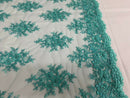 Turquoise Cluster Bead Fabric - Embroidered Flower Beaded Fabric Wedding Bridal Sold By Yard