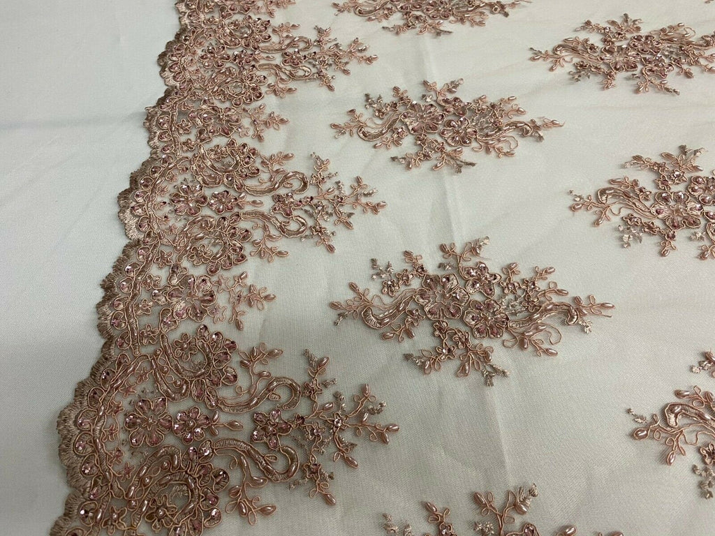 Blush Cluster Bead Fabric - Embroidered Flower Beaded Fabric Wedding B