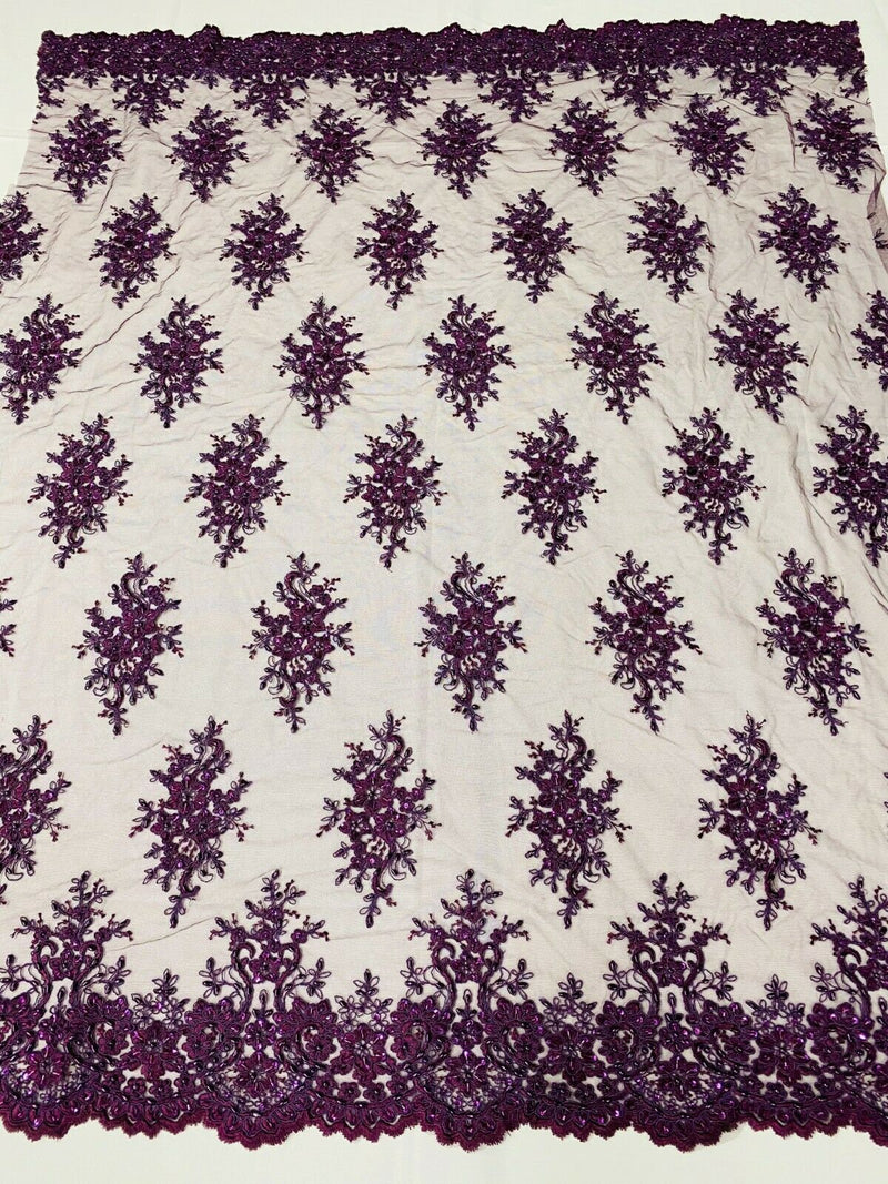 Plum Cluster Bead Fabric - Embroidered Flower Beaded Fabric Wedding Bridal Sold By Yard