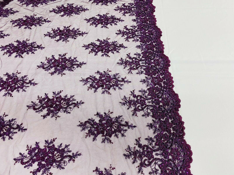 Plum Cluster Bead Fabric - Embroidered Flower Beaded Fabric Wedding Bridal Sold By Yard