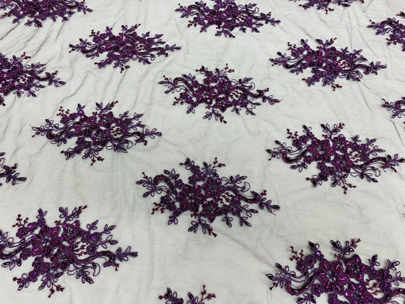 Plum Cluster Bead Fabric - Embroidered Flower Beaded Fabric Wedding Bridal Sold By Yard