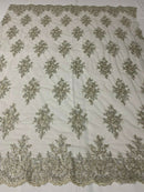 Silver / Metallic Cluster Bead Fabric - Embroidered Flower Beaded Fabric Wedding Bridal Sold By Yard