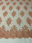 Peach Cluster Bead Fabric - Embroidered Flower Beaded Fabric Wedding Bridal Sold By Yard