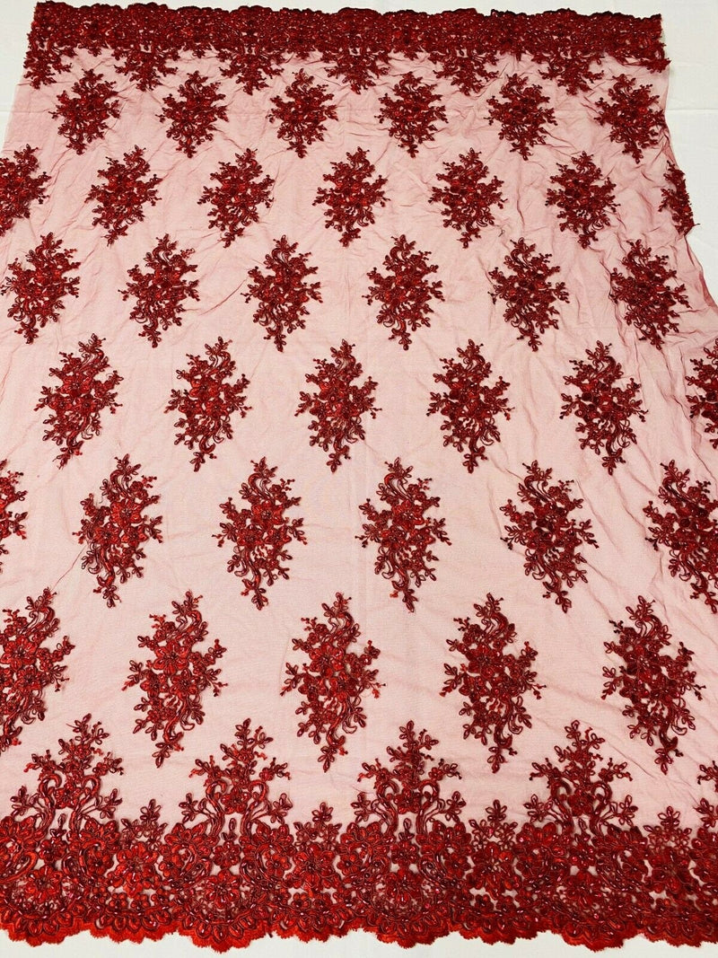 Burgundy Cluster Bead Fabric - Embroidered Flower Beaded Fabric Wedding Bridal Sold By Yard