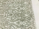 Glam Damask Beaded Fabric, Silver - Embroidered Fashion Fabric with Beads Wedding Bridal Sold By Yard