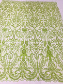 Glam Damask Beaded Fabric, Kiwi Green - Embroidered Fashion Fabric with Beads Wedding Bridal Sold By Yard