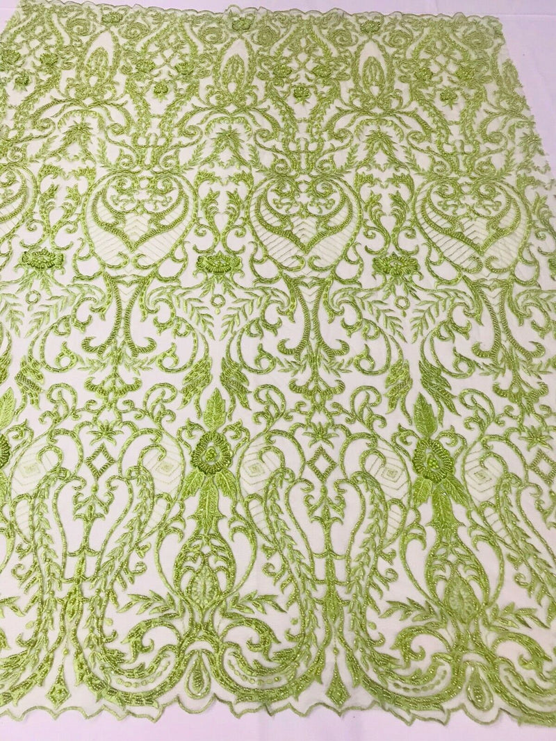 Glam Damask Beaded Fabric, Kiwi Green - Embroidered Fashion Fabric with Beads Wedding Bridal Sold By Yard