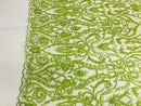 Glam Damask Beaded Fabric, Kiwi Green - Embroidered Fashion Fabric with Beads Wedding Bridal Sold By Yard