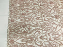 Glam Damask Beaded Fabric, Rose Gold - Embroidered Fashion Fabric with Beads Wedding Bridal Sold By Yard