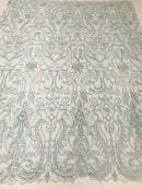 Glam Damask Beaded Fabric, Babe Blue - Embroidered Fashion Fabric with Beads Wedding Bridal Sold By Yard