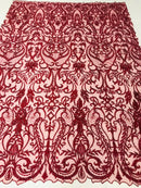 Glam Damask Beaded Fabric, Burgundy - Embroidered Fashion Fabric with Beads Wedding Bridal Sold By Yard