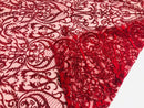 Glam Damask Beaded Fabric, Burgundy - Embroidered Fashion Fabric with Beads Wedding Bridal Sold By Yard