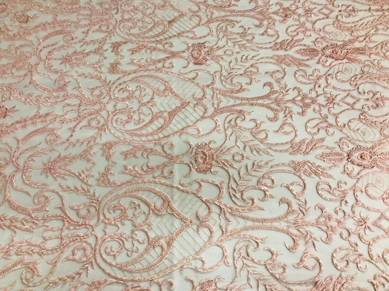 Glam Damask Beaded Fabric, Blush Pink - Embroidered Fashion Fabric with Beads Wedding Bridal Sold By Yard