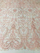 Glam Damask Beaded Fabric, Blush Pink - Embroidered Fashion Fabric with Beads Wedding Bridal Sold By Yard