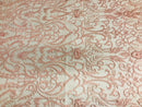 Glam Damask Beaded Fabric, Blush Pink - Embroidered Fashion Fabric with Beads Wedding Bridal Sold By Yard