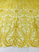 Glam Damask Beaded Fabric, Yellow - Embroidered Fashion Fabric with Beads Wedding Bridal Sold By Yard